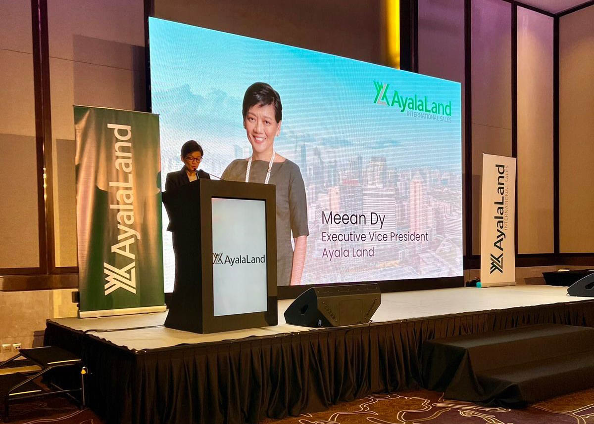 Meean Dy, then Ayala Land Executive Vice President, giving her keynote message during the 2023 Ayala Land media conference 