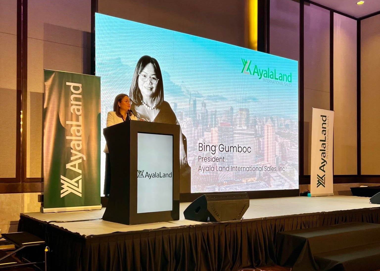 Bing Gumboc, then President of Ayala Land International Sales, Inc. while delivering her message at the 2023 media conference